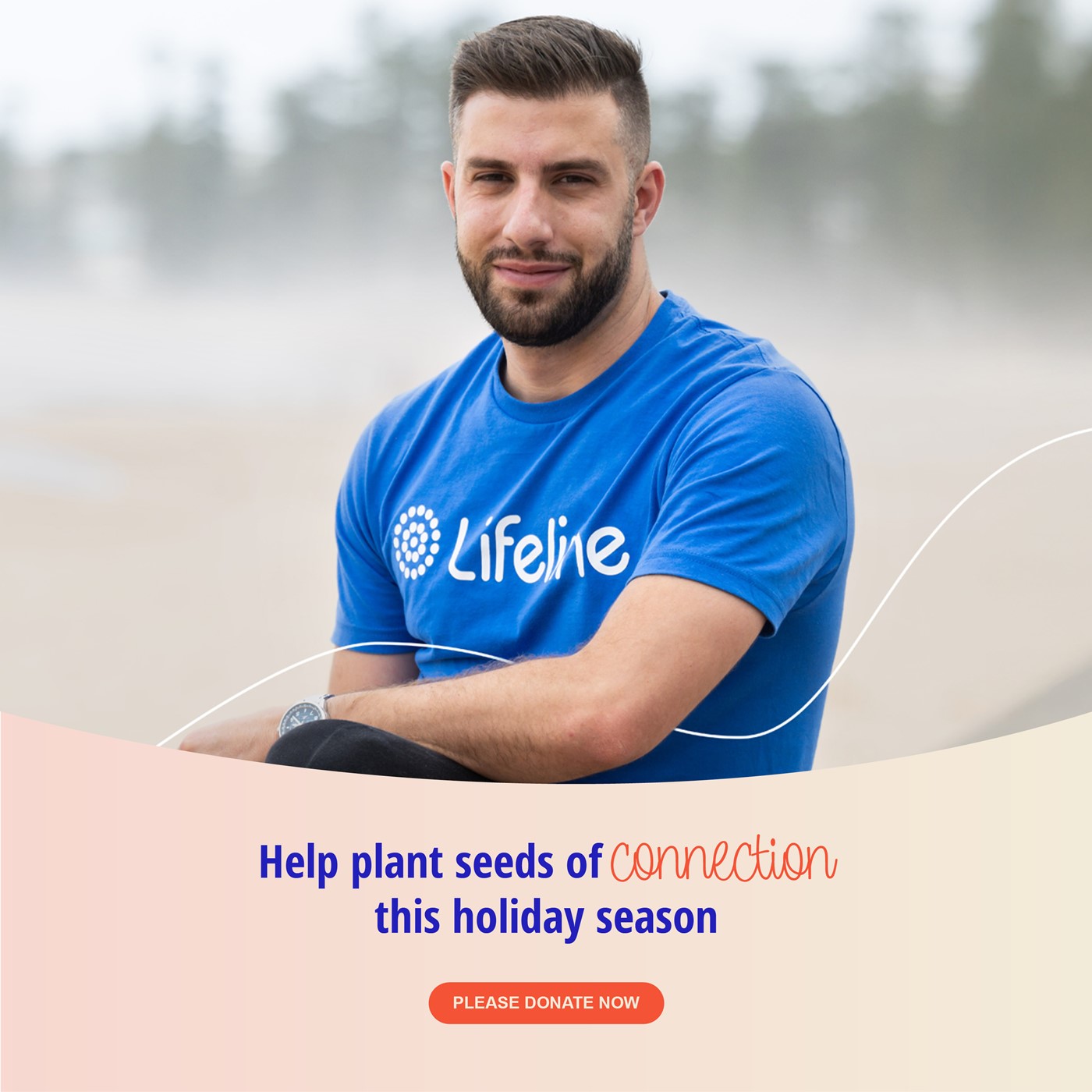 Lifeline Australia staff member in blue branded shirt sitting outdoors. Holiday campaign text: 'Help plant seeds of connection this holiday season' with 'PLEASE DONATE NOW' button.