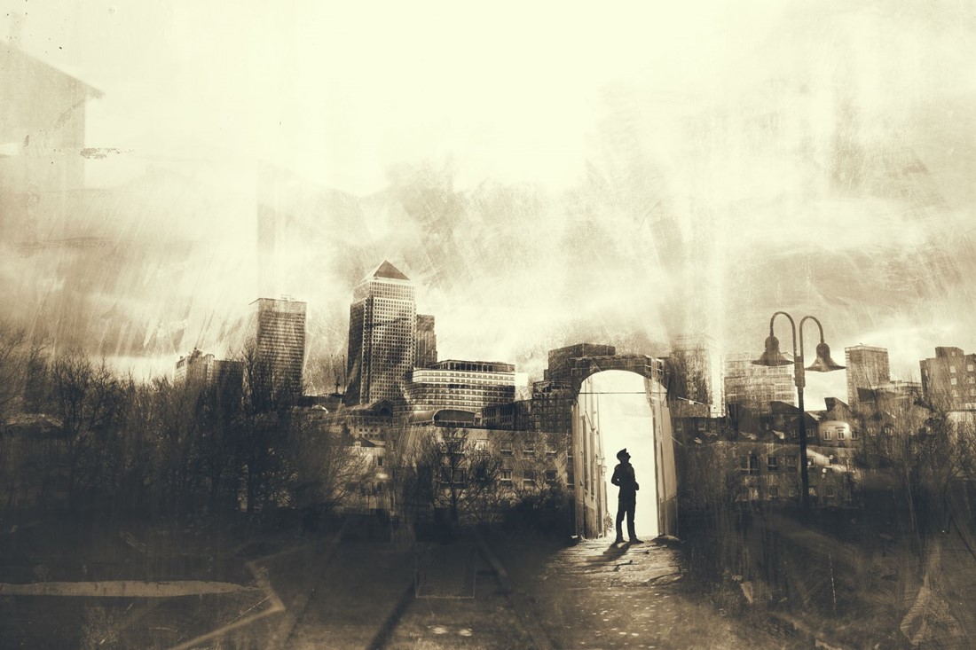 Sepia image of man in an archway