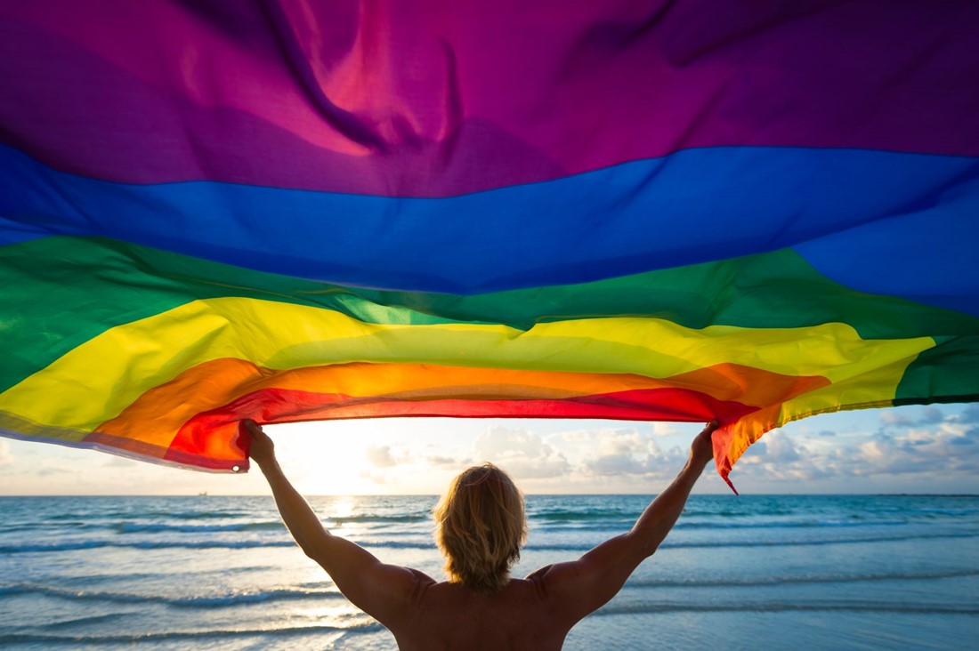 person facing the ocean holding a rainbow flag