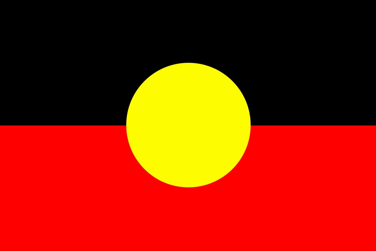 A flag divided horizontally into two equal halves: black at the top and red at the bottom. A large yellow circle is centred in the middle of the flag. This flag represents the Aboriginal people of Australia.
