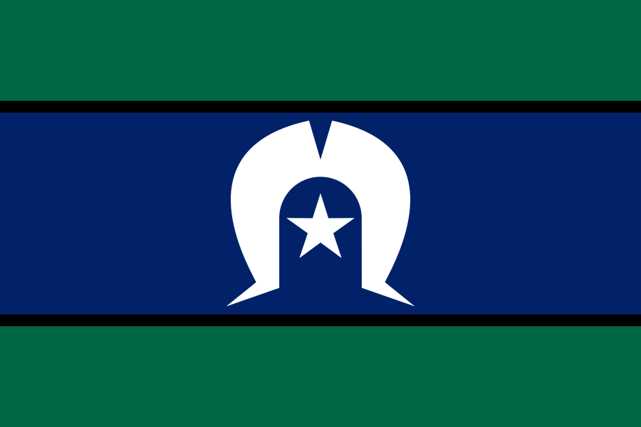 A flag with three horizontal stripes: green at the top and bottom, and a wide blue stripe in the middle, separated by thin black lines. Centred on the blue stripe is a white dhari (headdress) with a white five-pointed star beneath it. This flag represents the Torres Strait Islander people.