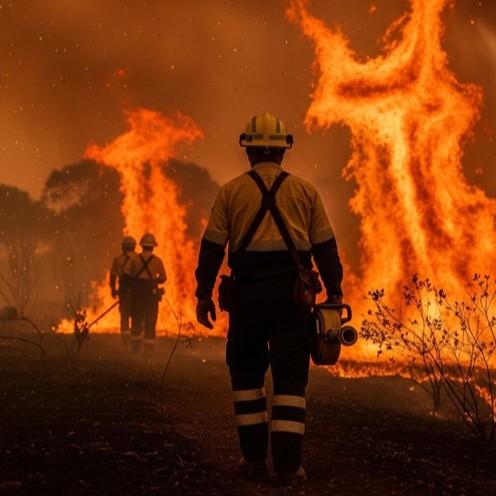 A photo of a firefighter walking towards a large bushfire. Two other firefighters can be seen in the background.
