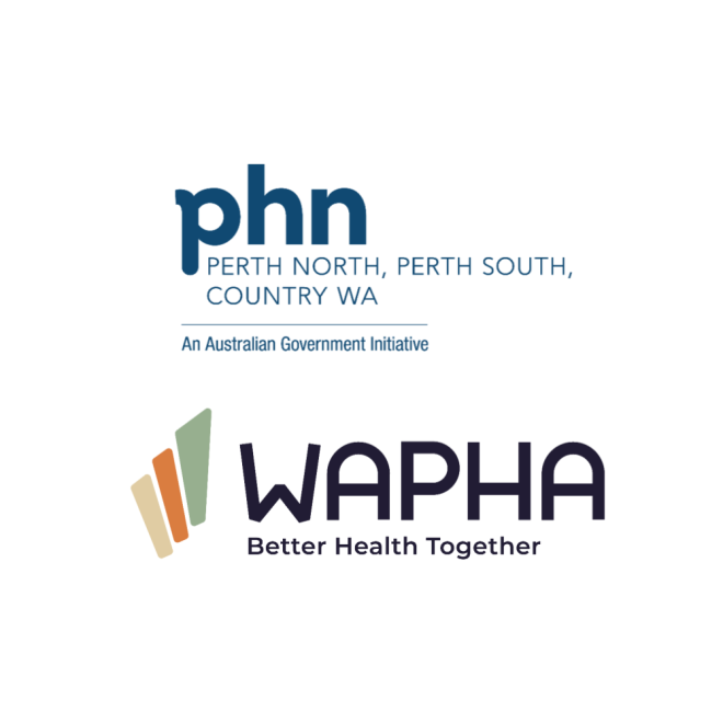 Logos for Perth North, Perth South and Country WA Primary Health Network (PHN) and the WA Primary Health Alliance (WAPHA), with the tagline “Better Health Together.”