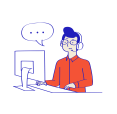 A stylised illustration of a person wearing a headset and glasses, smiling as they sit at a computer with a speech bubble above them.