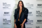 Rochelle wearing a black leather jacket at Melbourne Fashion Festival.