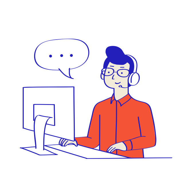 A stylised illustration of a person wearing a headset and glasses, smiling as they sit at a computer with a speech bubble above them.