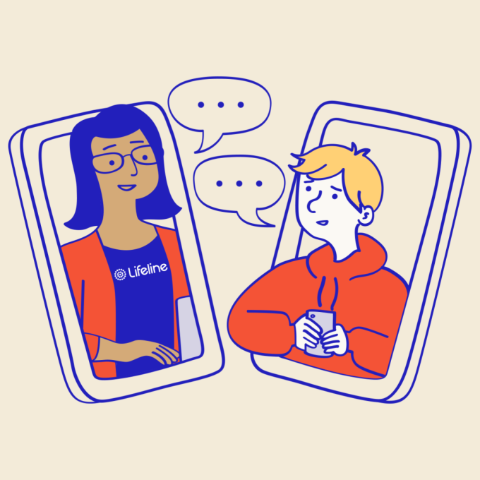 An illustration of a helpseeker chatting with a Lifeline crisis supporter using Lifeline's crisis chat service.