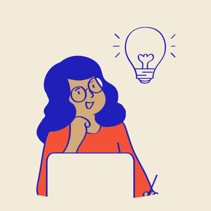 Illustration of a woman using her laptop and also taking notes on a notepad, as a lightbulb appears over her shoulder.