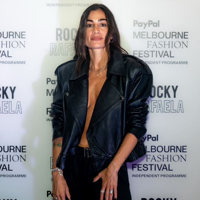 Rochelle wearing a black leather jacket at Melbourne Fashion Festival.
