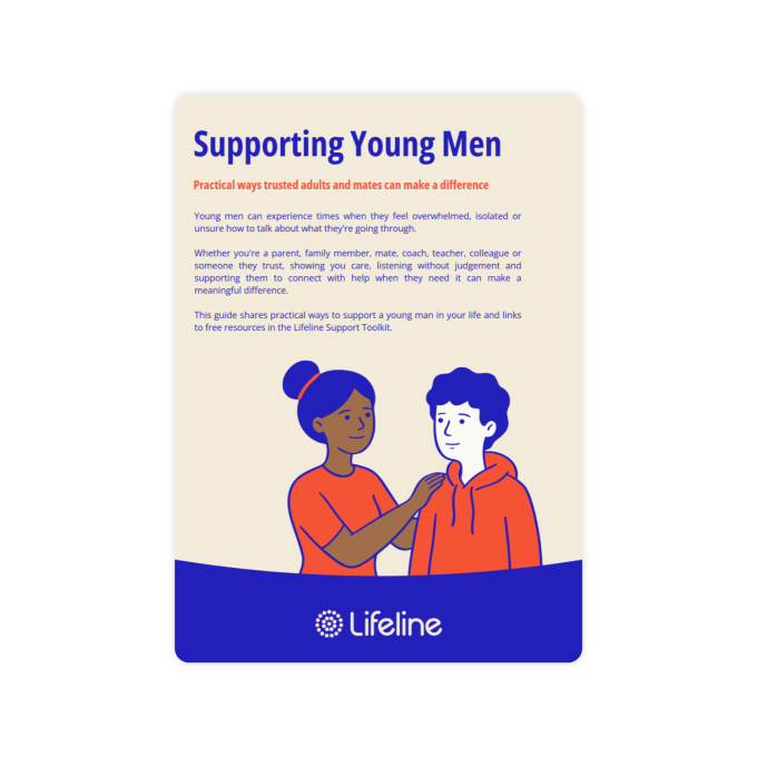 The preview image for a PDF resource called 'Supporting Young Men' by Lifeline Australia. On it, a woman supports a young man, by putting a friendly hand on his shoulder.