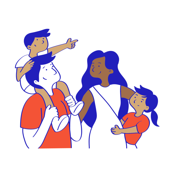 A family spending time together, with one child sitting on a parent’s shoulders.