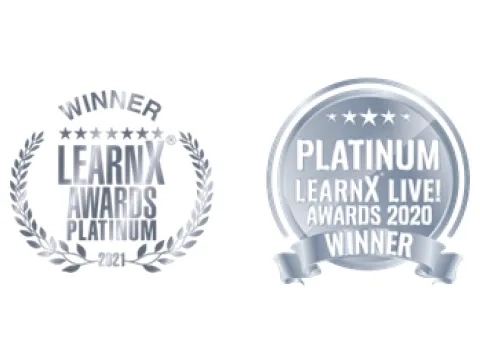Training awards showing a platinum winning medal for Learn X awards and Learn X Live