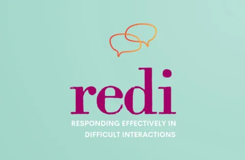 The image displays the word "redi" in large, bold magenta letters, with an orange outline of two overlapping speech bubbles above it. Below "redi," in smaller white capital letters, is the phrase "RESPONDING EFFECTIVELY IN DIFFICULT INTERACTIONS." The background is a solid light teal color.