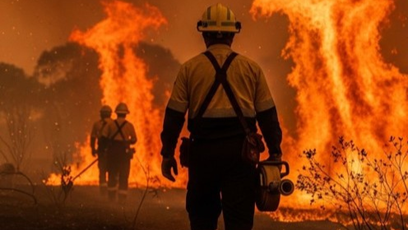 A photo of a firefighter walking towards a large bushfire. Two other firefighters can be seen in the background.