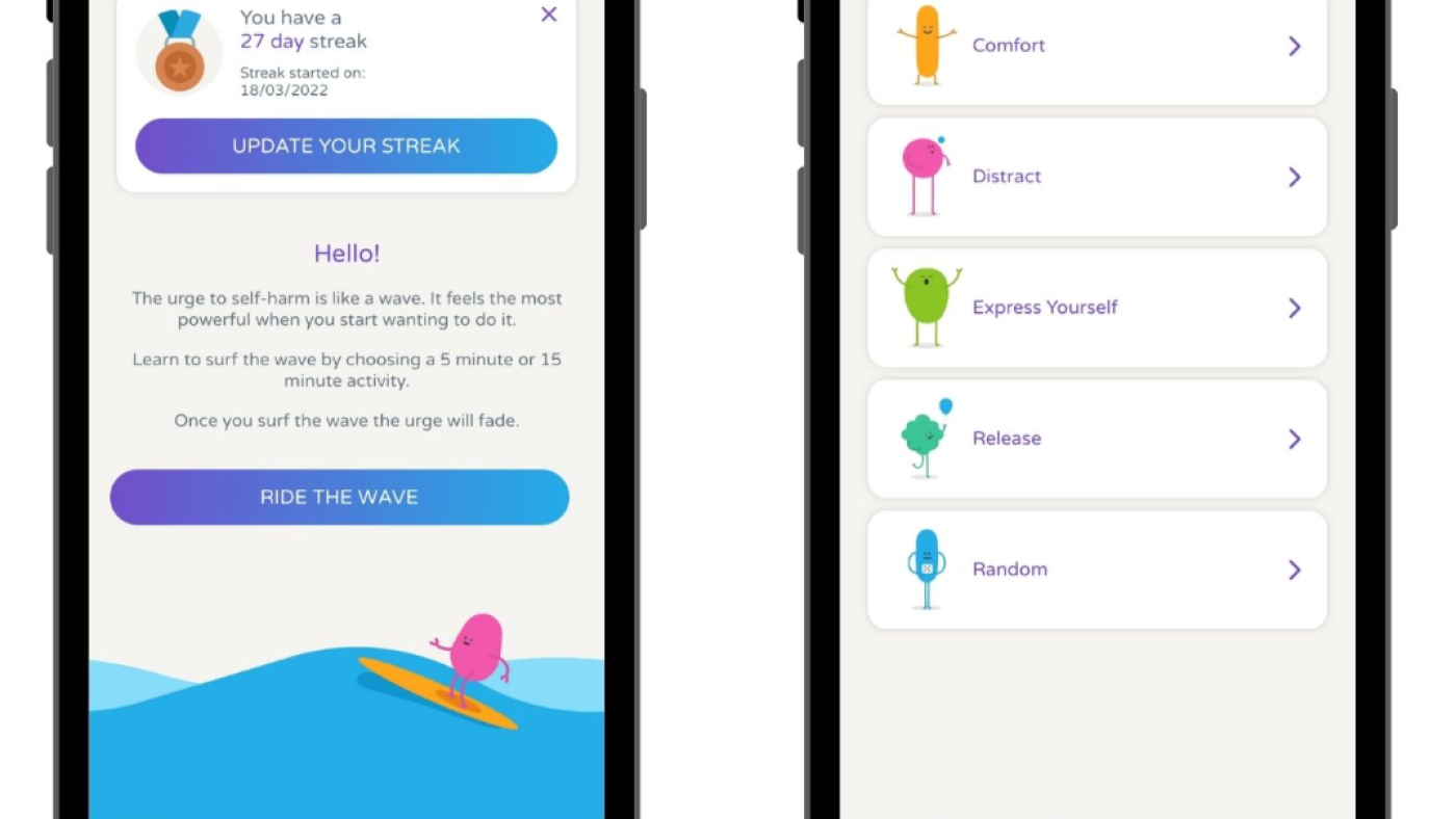 Two smartphones are mocked up side by side with screenshots of the Calm Harm app.